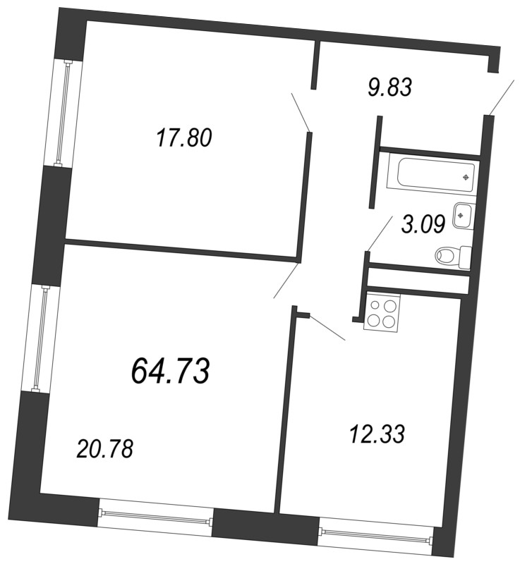 2-комнатная квартира, 66.3 м² - планировка, фото №1