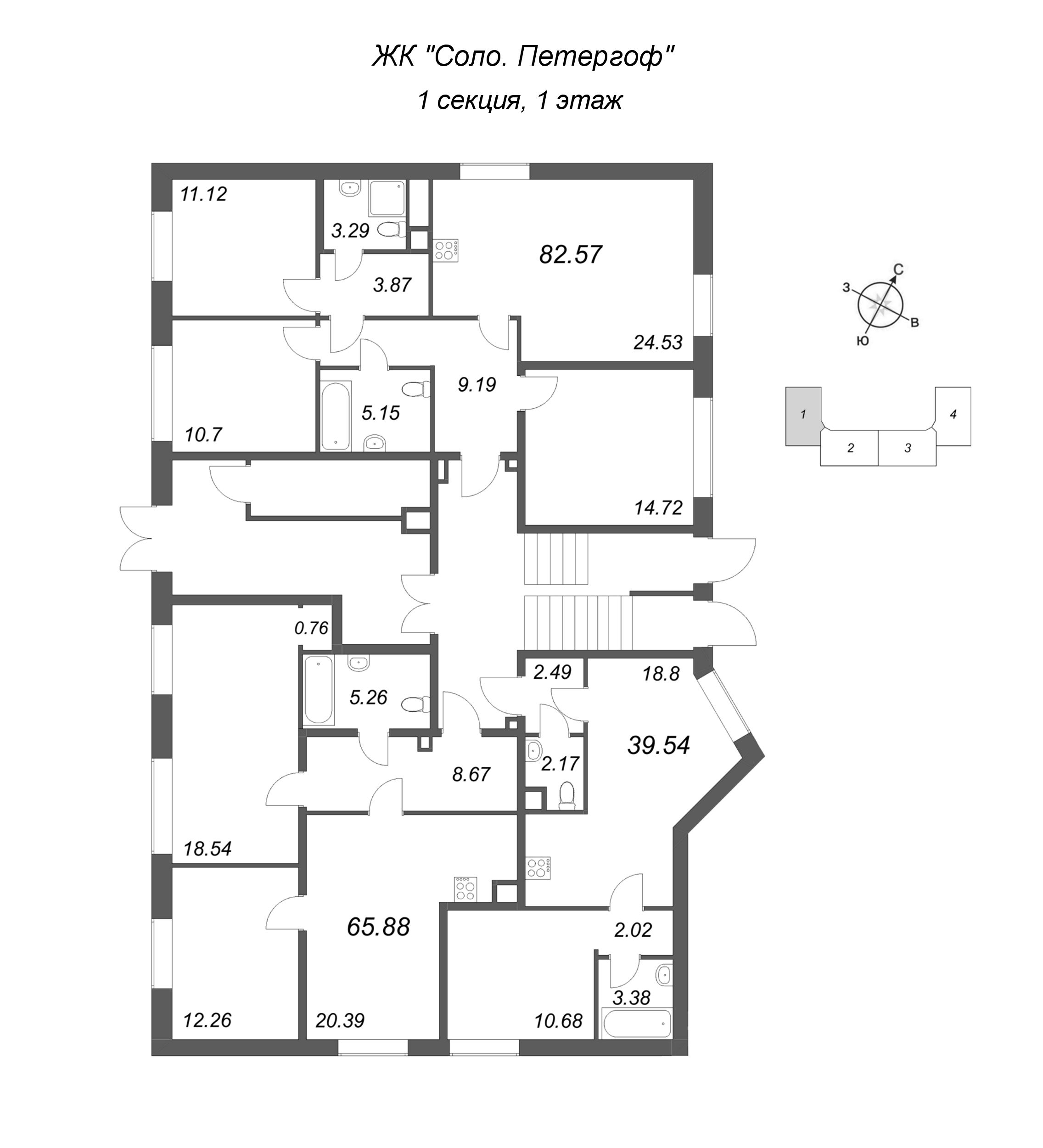 2-комнатная (Евро) квартира, 39.54 м² в ЖК "Соло. Петергоф" - планировка этажа