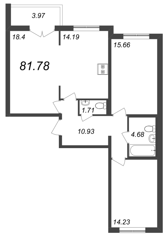 4-комнатная (Евро) квартира, 81.78 м² - планировка, фото №1