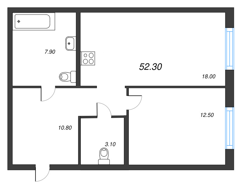 2-комнатная (Евро) квартира, 52.3 м² в ЖК "Струны" - планировка, фото №1