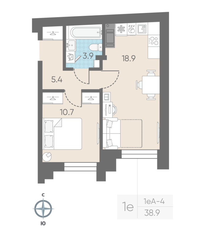 2-комнатная (Евро) квартира, 38.9 м² в ЖК "Измайловский" - планировка, фото №1