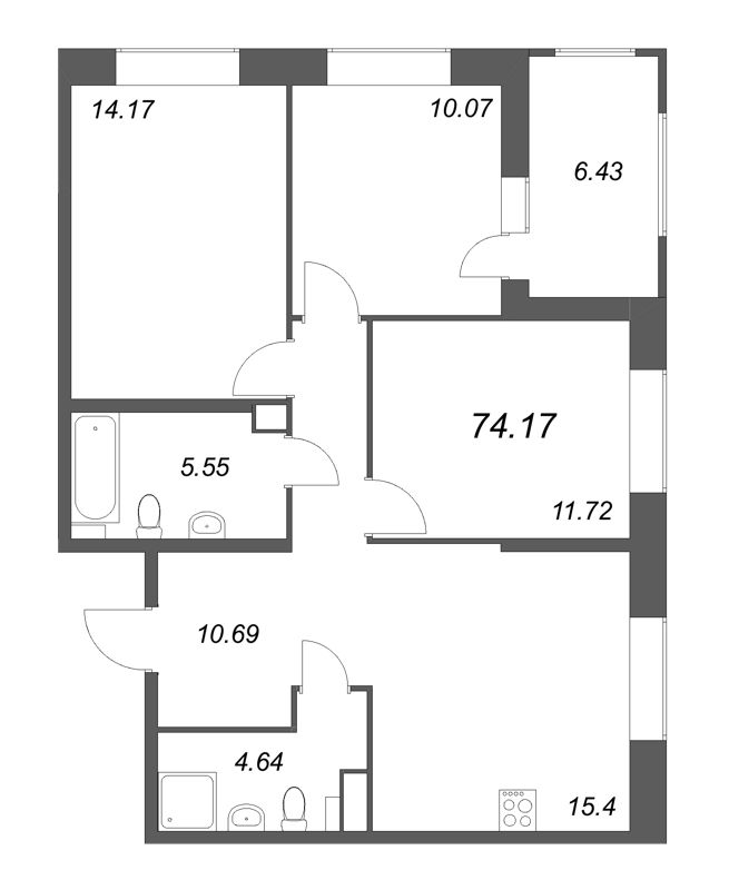 4-комнатная (Евро) квартира, 74.17 м² в ЖК "Аквилон RekaPark" - планировка, фото №1