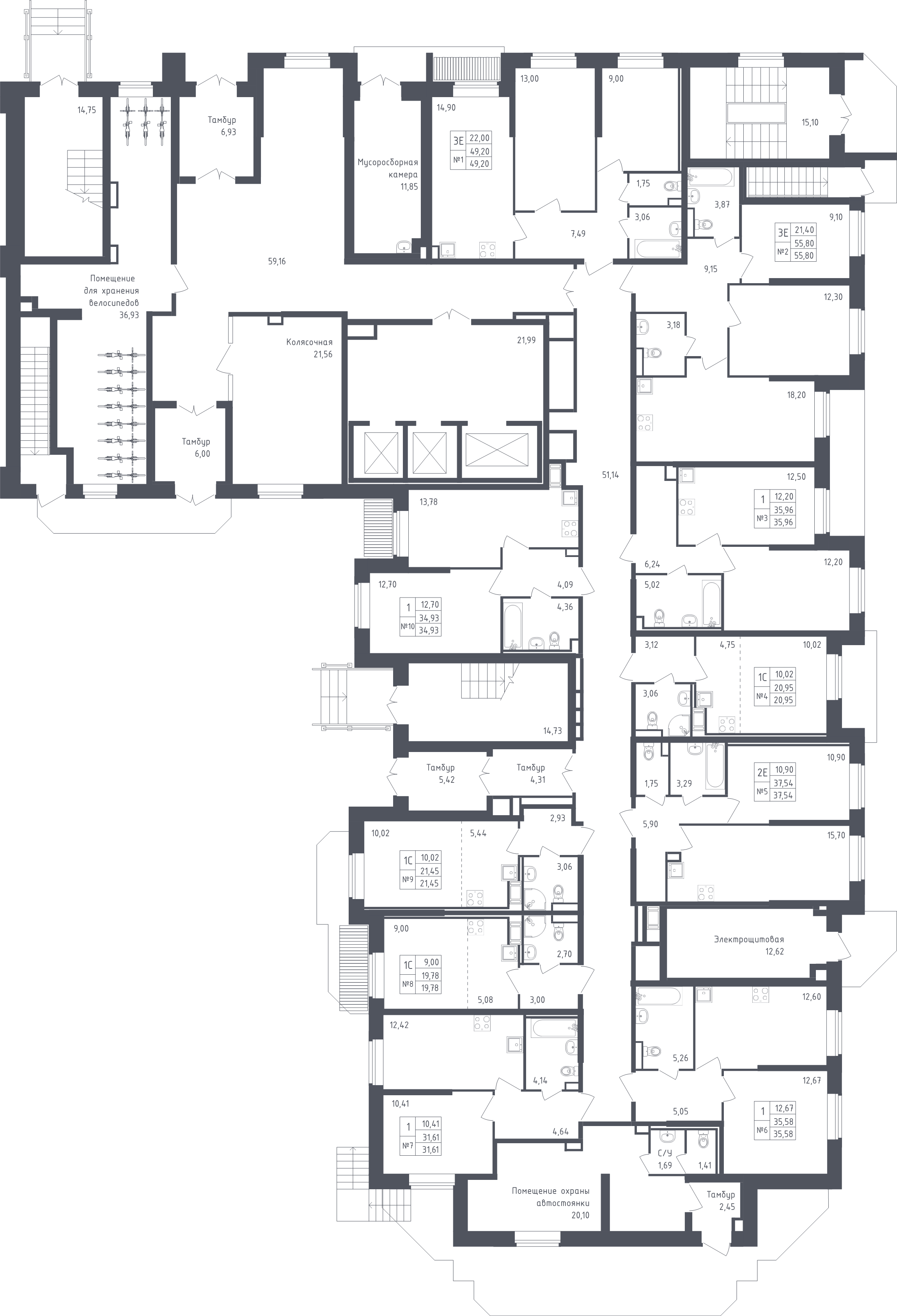 2-комнатная (Евро) квартира, 37.54 м² - планировка этажа