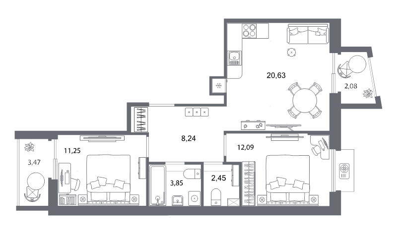 3-комнатная (Евро) квартира, 61.4 м² в ЖК "Респект" - планировка, фото №1