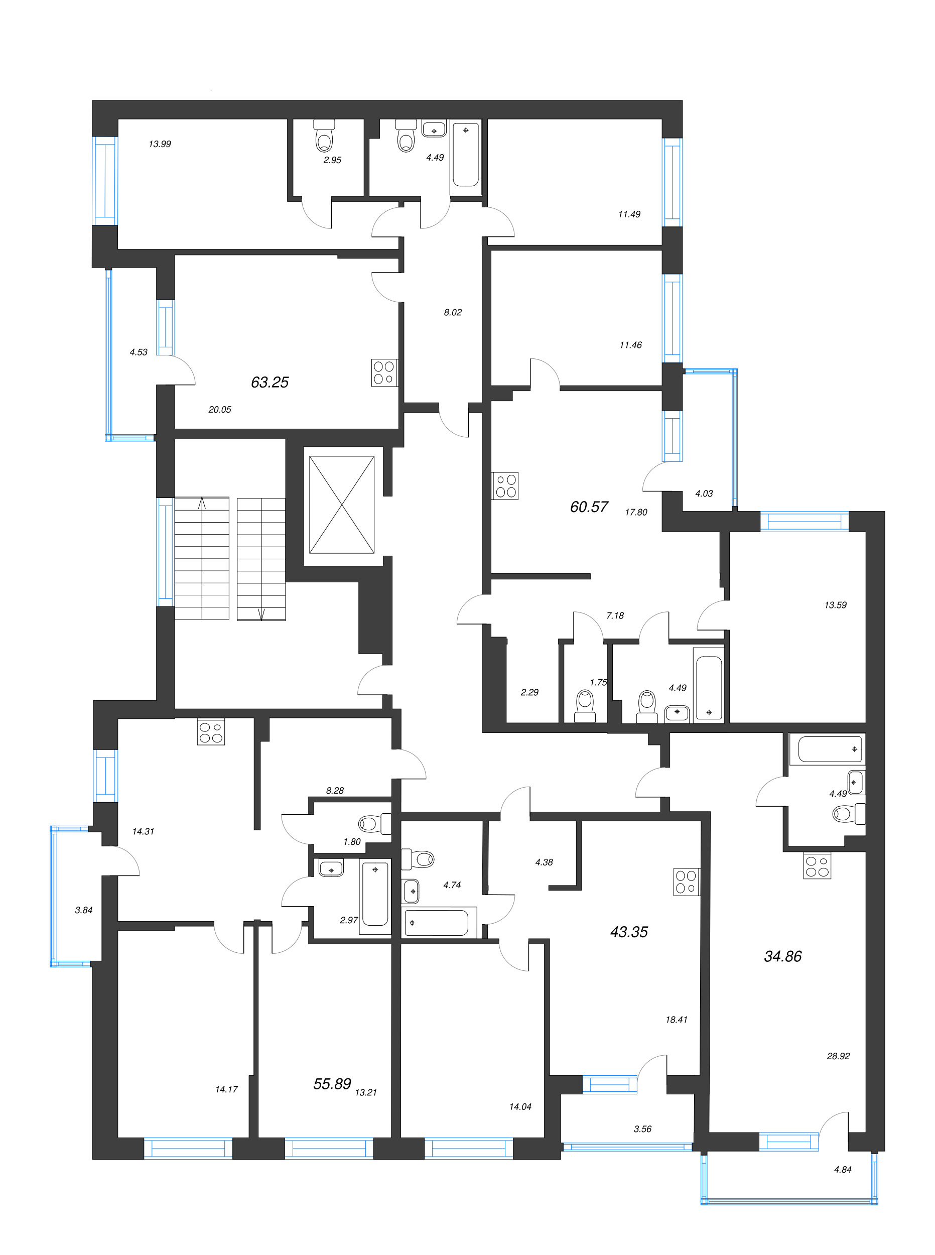 Квартира-студия, 34.86 м² в ЖК "Охтинские высоты" - планировка этажа