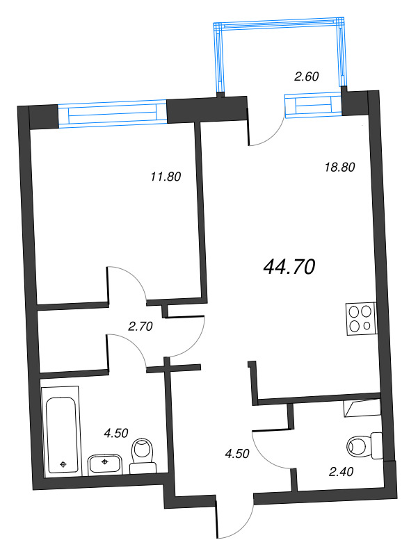 2-комнатная (Евро) квартира, 44.7 м² в ЖК "Цвет Зеленогорска" - планировка, фото №1
