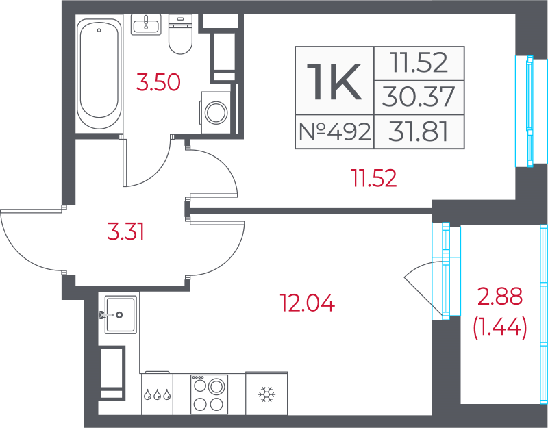 1-комнатная квартира, 31.81 м² в ЖК "Город-спутник Южный" - планировка, фото №1