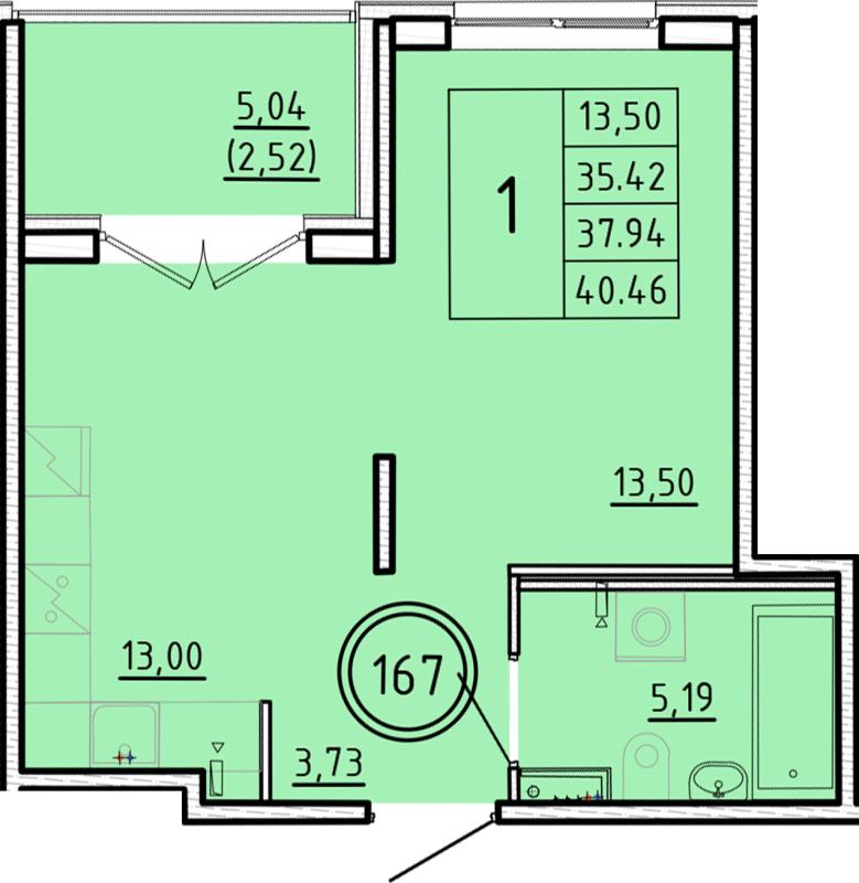 1-комнатная квартира, 35.42 м² - планировка, фото №1