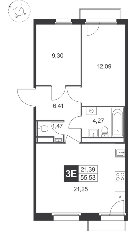 3-комнатная (Евро) квартира, 55.53 м² в ЖК "Слобода" - планировка, фото №1