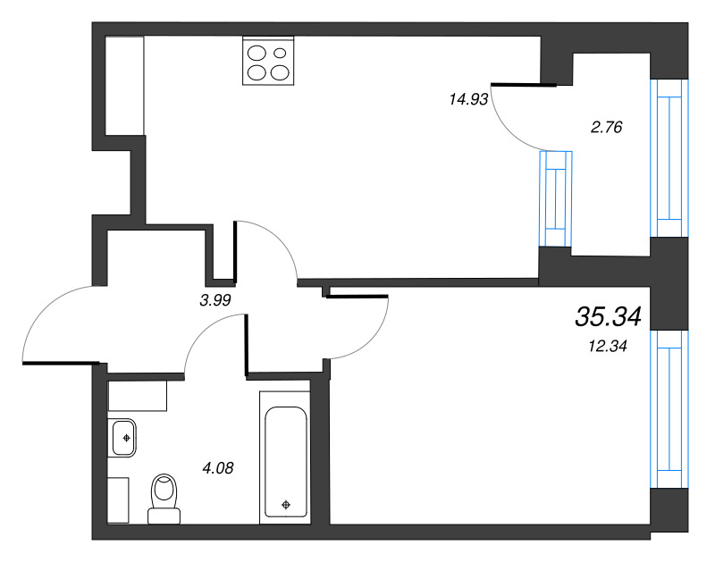 2-комнатная (Евро) квартира, 35.34 м² - планировка, фото №1