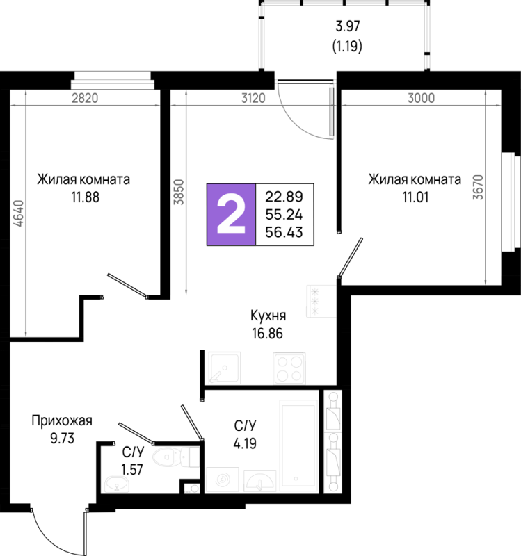 3-комнатная (Евро) квартира, 55.24 м² в ЖК "Имена" - планировка, фото №1