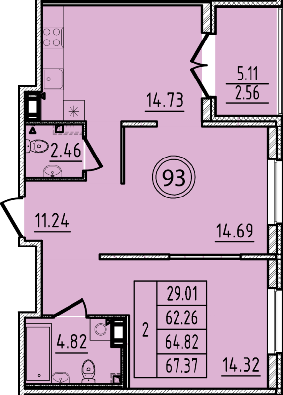 2-комнатная квартира, 62.26 м² в ЖК "Образцовый квартал 14" - планировка, фото №1