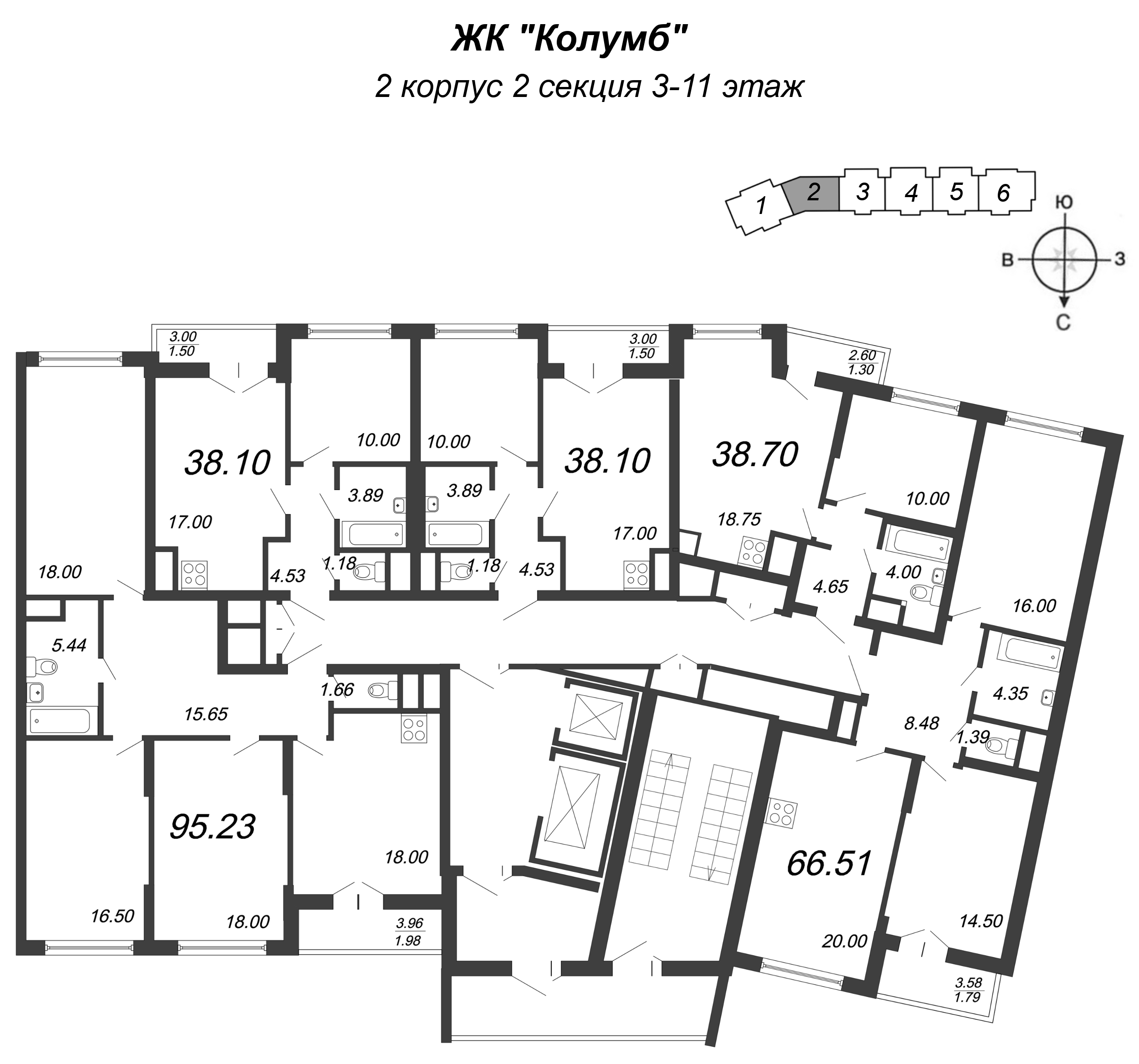 4-комнатная (Евро) квартира, 96.3 м² в ЖК "Колумб" - планировка этажа