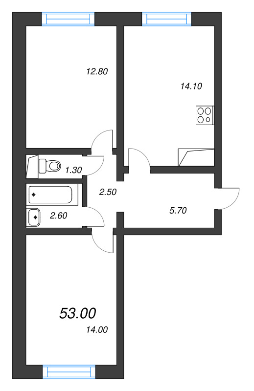 2-комнатная квартира, 53 м² в ЖК "Цветной город" - планировка, фото №1