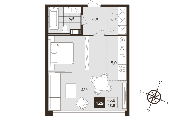Квартира-студия, 43.8 м² в ЖК "Дом на Бронницкой" - планировка, фото №1