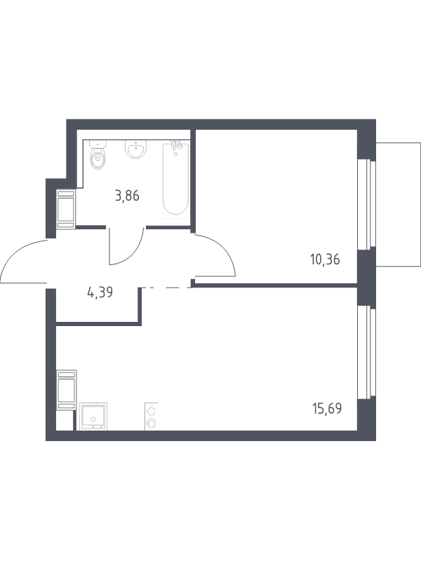 2-комнатная (Евро) квартира, 34.3 м² в ЖК "Квартал Торики" - планировка, фото №1