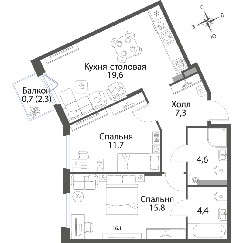 3-комнатная (Евро) квартира, 64.1 м² в ЖК "Экография" - планировка, фото №1