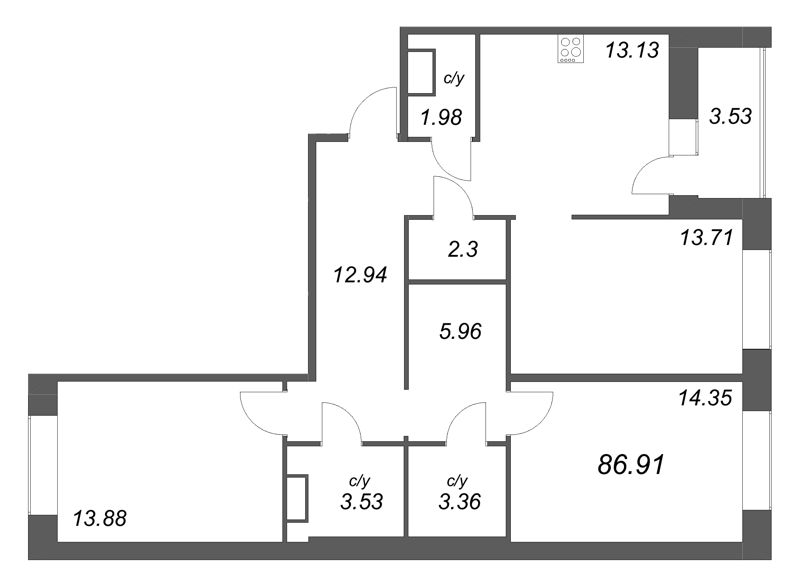 3-комнатная квартира, 86.91 м² в ЖК "Уютный" - планировка, фото №1