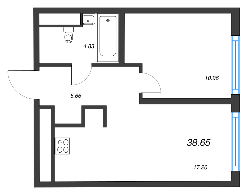 2-комнатная (Евро) квартира, 38.65 м² в ЖК "Legenda Васильевского" - планировка, фото №1