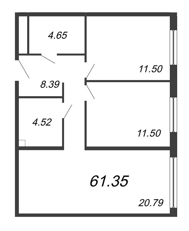 3-комнатная (Евро) квартира, 61.35 м² - планировка, фото №1