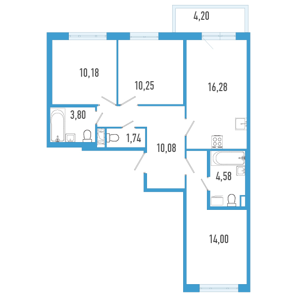 4-комнатная (Евро) квартира, 72.17 м² - планировка, фото №1