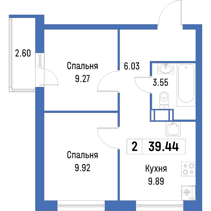 2-комнатная квартира, 39.44 м² - планировка, фото №1