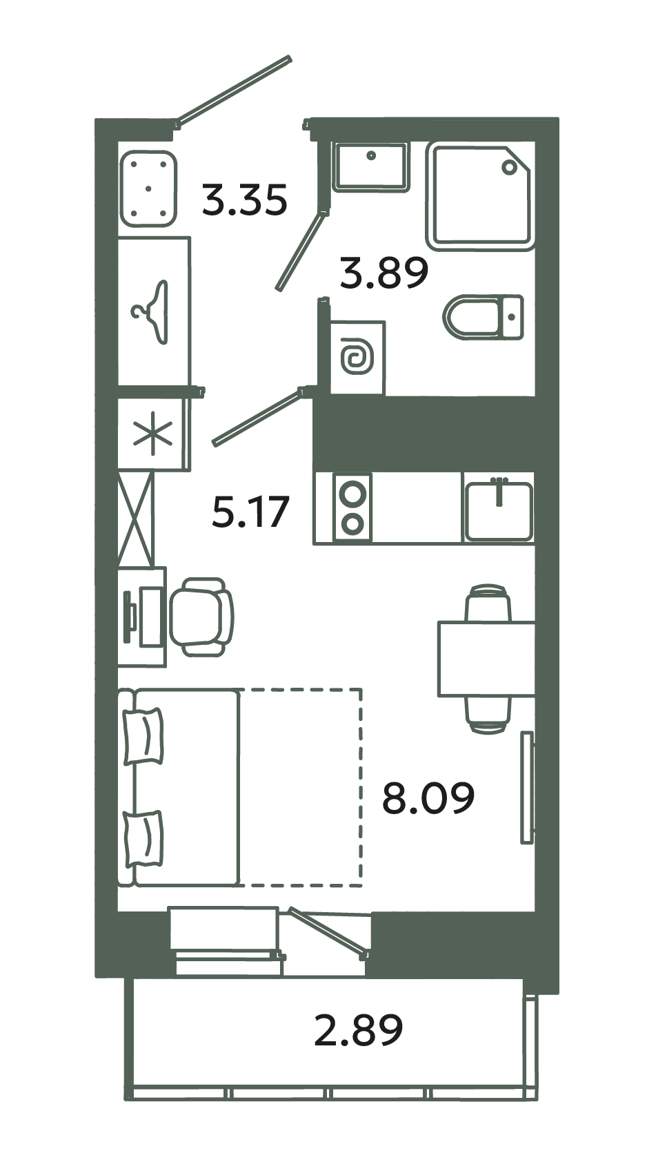 Квартира-студия, 21.37 м² - планировка, фото №1