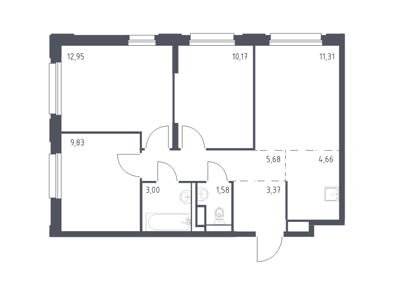 4-комнатная (Евро) квартира, 62.55 м² в ЖК "Новые Лаврики" - планировка, фото №1