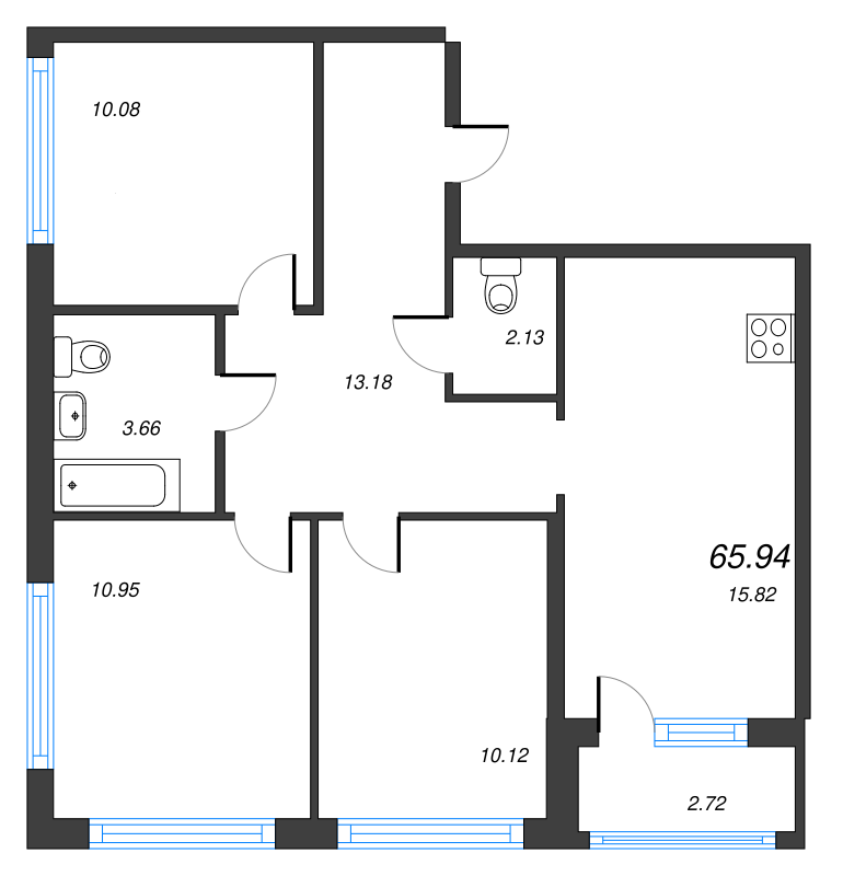 4-комнатная (Евро) квартира, 62.98 м² - планировка, фото №1