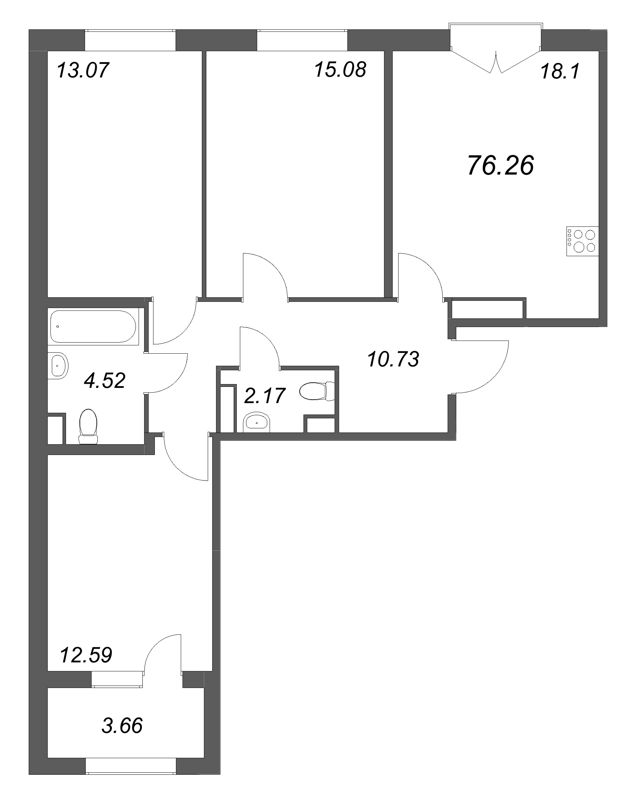 4-комнатная (Евро) квартира, 76.26 м² в ЖК "Дубровский" - планировка, фото №1