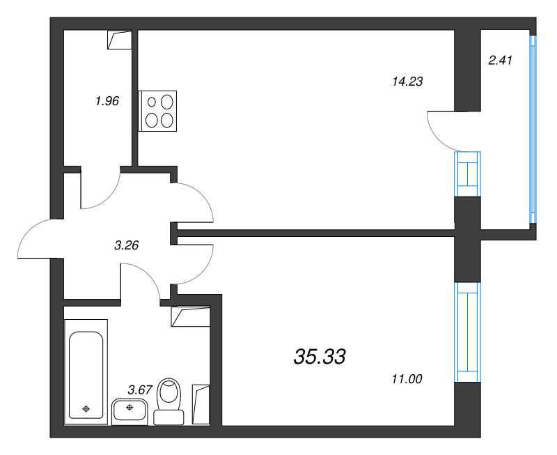 2-комнатная (Евро) квартира, 35.33 м² в ЖК "Кинопарк" - планировка, фото №1