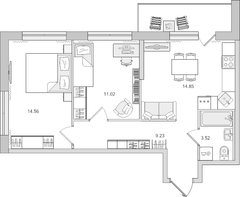 2-комнатная квартира, 47.18 м² - планировка, фото №1