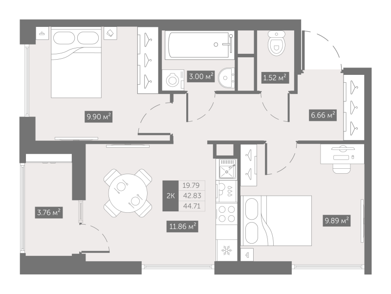 2-комнатная квартира, 44.71 м² в ЖК "UP-квартал Новый Московский" - планировка, фото №1