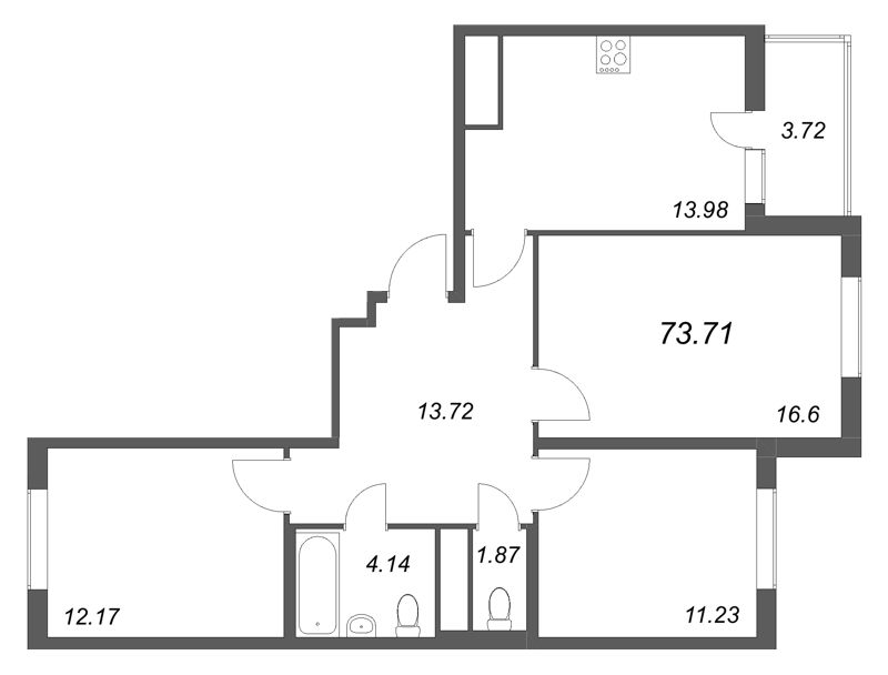 3-комнатная квартира, 73.71 м² - планировка, фото №1