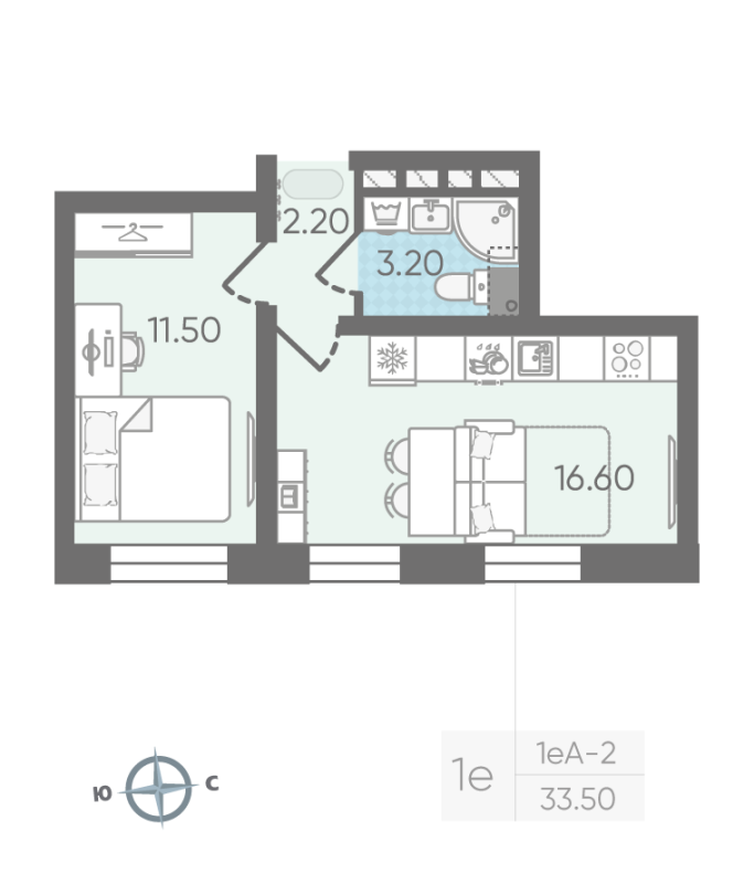2-комнатная (Евро) квартира, 33.5 м² в ЖК "ЛСР. Ржевский парк" - планировка, фото №1