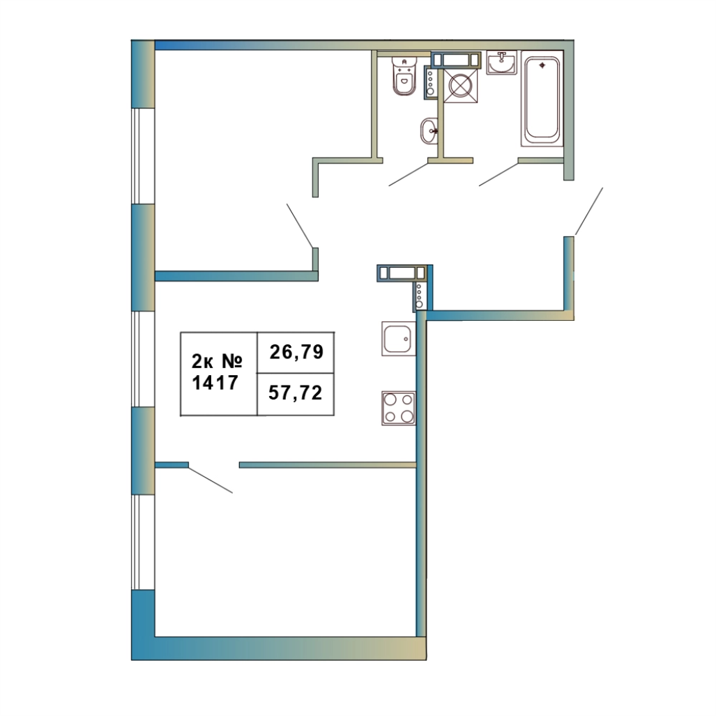 2-комнатная квартира, 57.72 м² в ЖК "Атмосфера Выборга" - планировка, фото №1