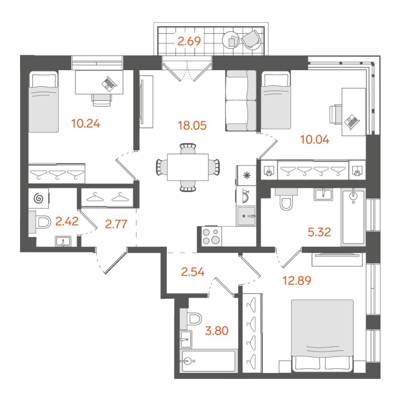 4-комнатная (Евро) квартира, 68.9 м² в ЖК "STAVNI Обводный" - планировка, фото №1