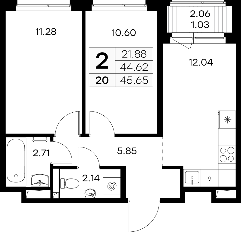 2-комнатная квартира, 45.65 м² - планировка, фото №1