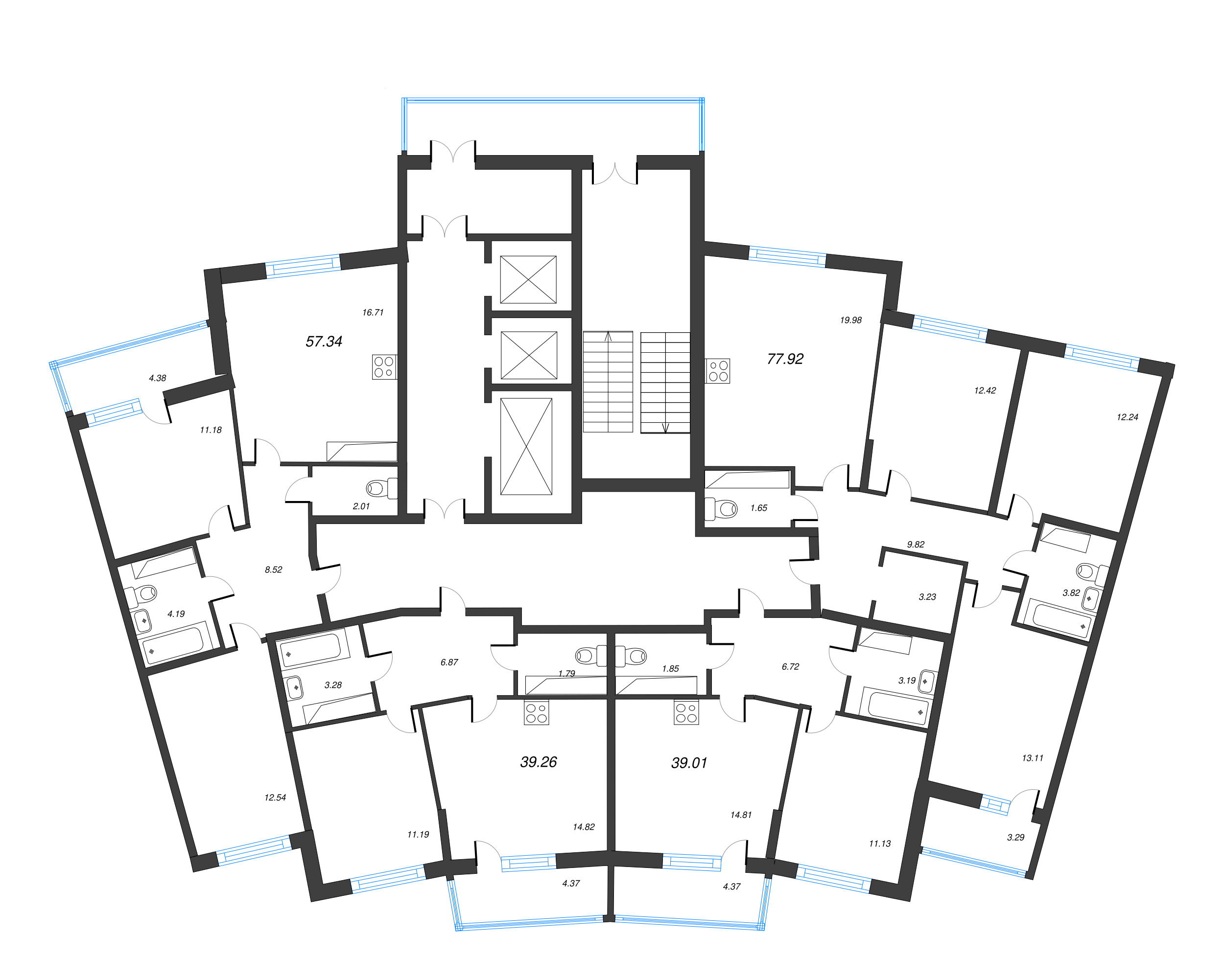 2-комнатная (Евро) квартира, 39 м² - планировка этажа