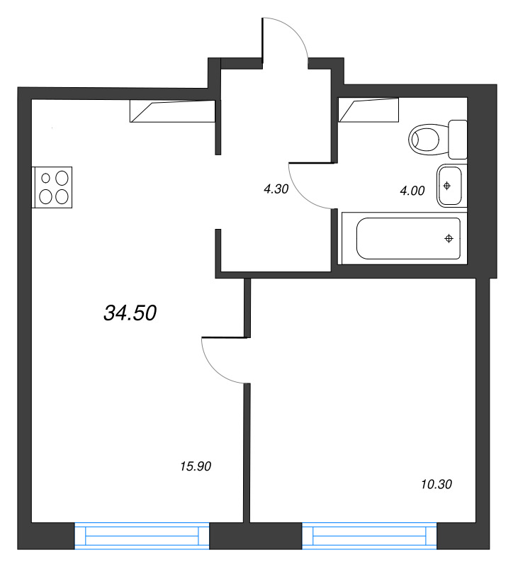 2-комнатная (Евро) квартира, 34.5 м² в ЖК "Струны" - планировка, фото №1