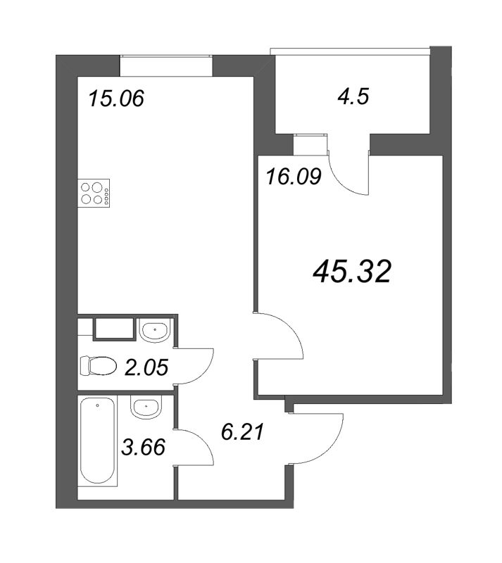 2-комнатная (Евро) квартира, 45.52 м² - планировка, фото №1