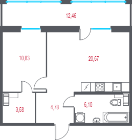 2-комнатная (Евро) квартира, 49.7 м² в ЖК "Город-спутник Южный" - планировка, фото №1