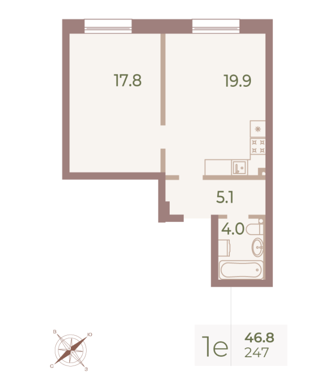 2-комнатная (Евро) квартира, 47 м² - планировка, фото №1