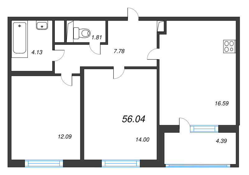 3-комнатная (Евро) квартира, 56.04 м² в ЖК "ЮгТаун" - планировка, фото №1