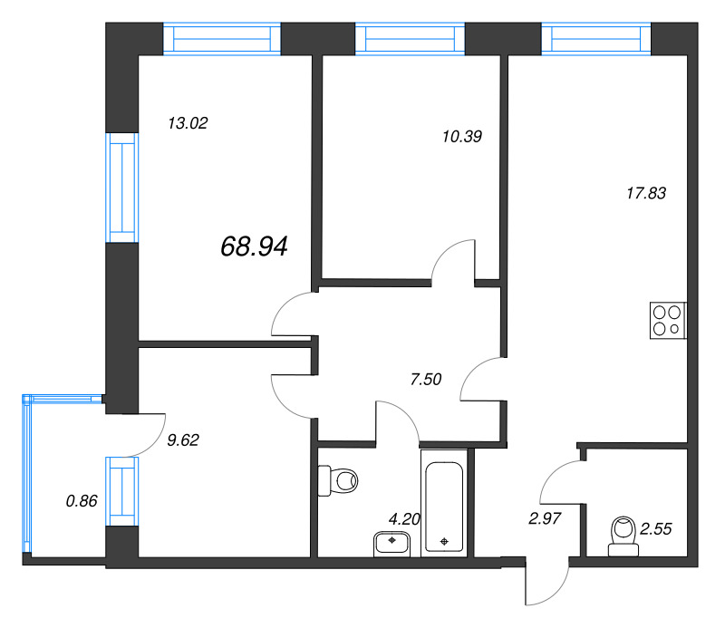 3-комнатная квартира, 68.94 м² в ЖК "Капральский берег" - планировка, фото №1