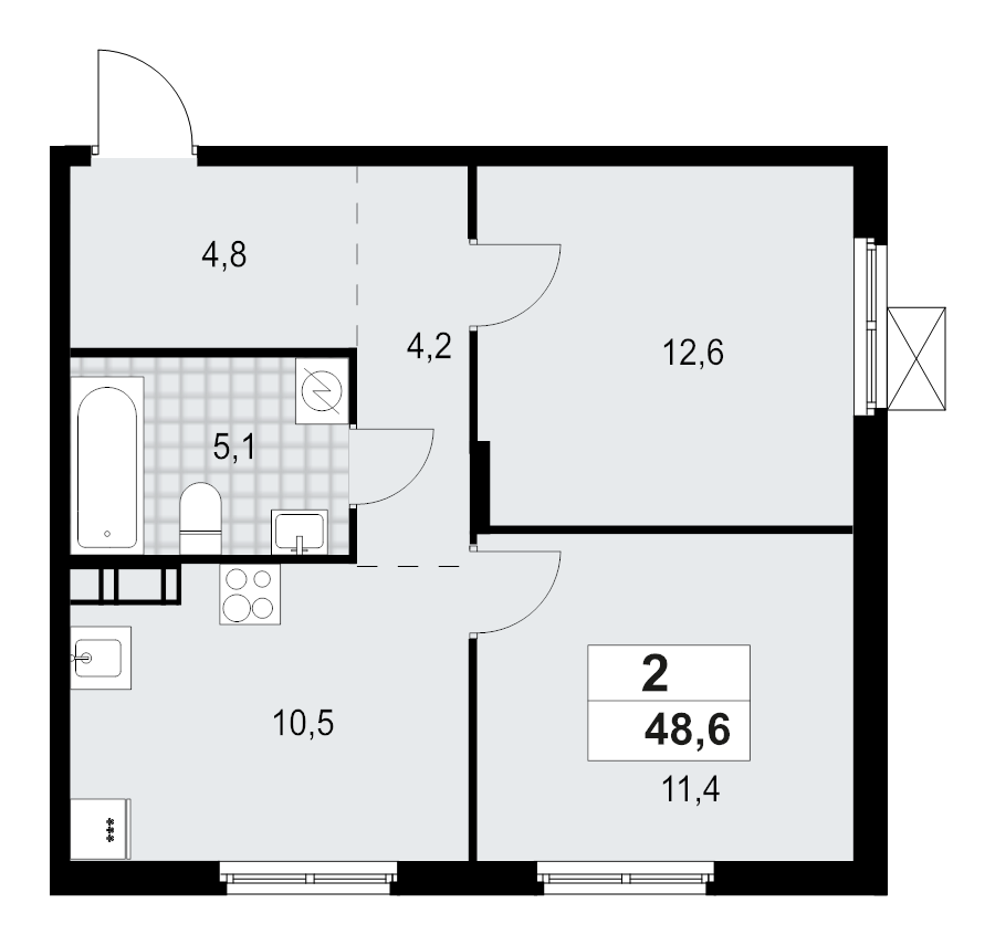 2-комнатная квартира, 48.6 м² - планировка, фото №1
