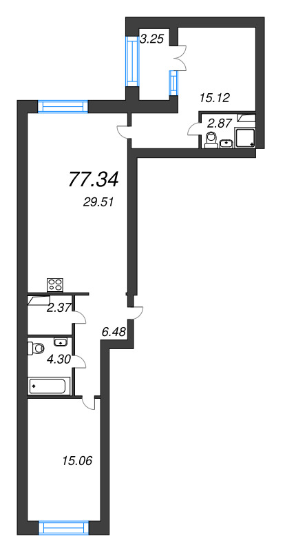 3-комнатная (Евро) квартира, 77.9 м² в ЖК "Наука" - планировка, фото №1