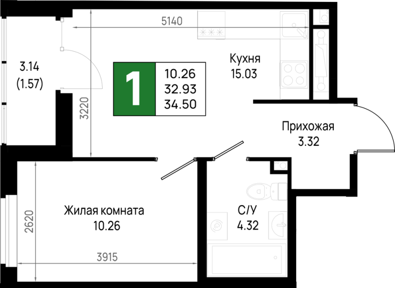 2-комнатная (Евро) квартира, 34.5 м² в ЖК "Имена" - планировка, фото №1