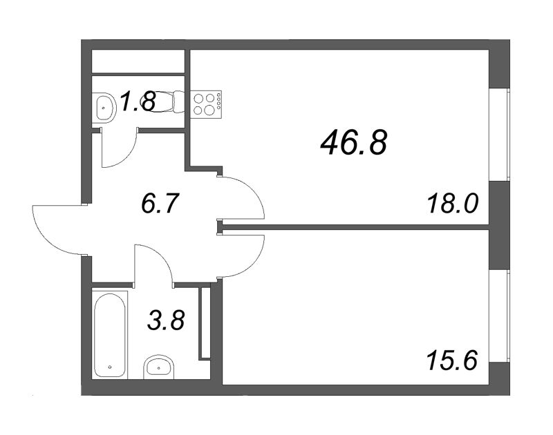 2-комнатная (Евро) квартира, 46.8 м² в ЖК "Визионер" - планировка, фото №1