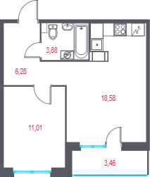 2-комнатная (Евро) квартира, 41.48 м² в ЖК "Город-спутник Южный" - планировка, фото №1